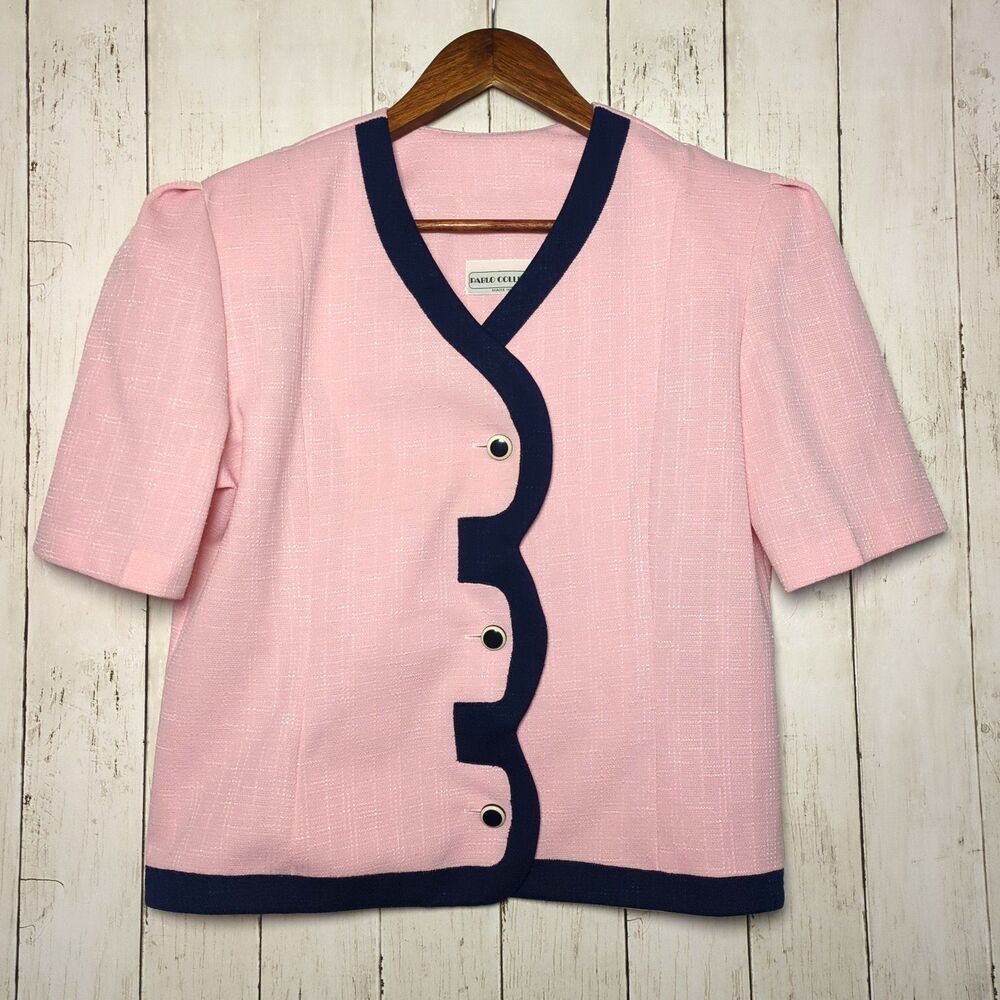 Vintage Pablo Collection Pink Navy Scallop Trim Blazer Jacket Petite 14 USA Made